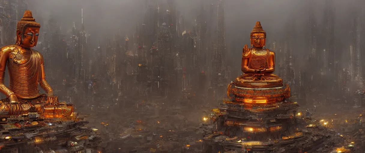 Prompt: a single detailed robotic cyberpunk buddha with an orange robe, mystic atmosphere, a detailed metallic temple on a misty mountain, shiny reflections, multiple detailed robotic airships, volumetric fog, perspective painting, atmospheric shot, cinematic establishing shot, in the style of greg rutkowski, artstation, unreal engine, maya