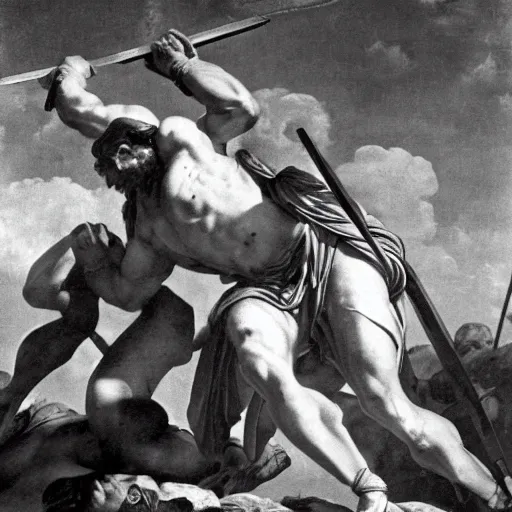 Prompt: a photograph of Achilles impaling Hector on top of Mount Olympus