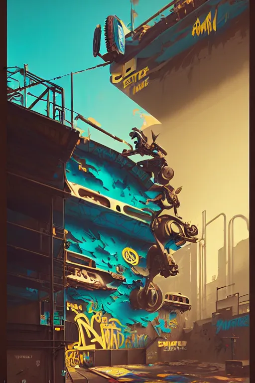 Prompt: matte painting of warped extreme 3 d calligraphy robot graffiti tag mural maximalism by atey ghailan, by greg rutkowski, by greg tocchini, by james gilliard, by joe fenton, yellow, brown, black and cyan color scheme, octane render