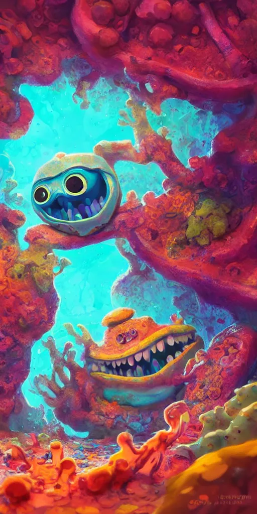 Image similar to of a colorful under water cave with strange cute friendly happy creatures with huge eyes, mouth, long tongue and round teeth appearing from sandy coral, in the style of gehry and gaudi, macro lens, shallow depth of field, ultra detailed, digital painting, trending artstation, concept art, illustration, cinematic lighting, photorealism, epic, octane render