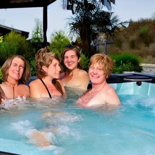 Image similar to several woman sharing the hot tub with the world\'s largest whole raw chicken