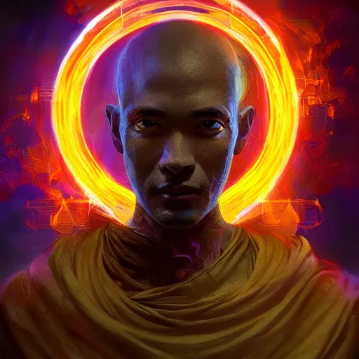 Prompt: meditative monk high detailed figure showing through fractal portal expressive energy swirls and bright glowing aura, deep neutral facial expression body figure, iconic album detailed poster art style by Andres Rios and Greg Rutkowski