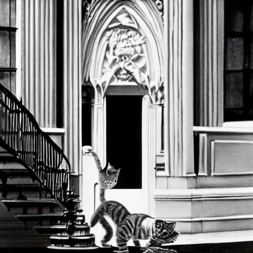 Prompt: detailed still of Ripley-Sigourney Weaver wearing a white singlet and cat Jonesy moving apartment New York City 1983, gothic building entrance way Art Deco, cinematic feel, high octane