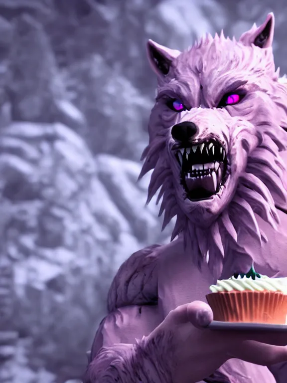 Image similar to cute handsome cuddly burly surly relaxed calm timid werewolf from van helsing holding a cute cupcake with pink frosting unreal engine hyperreallistic render 8k character concept art masterpiece screenshot from the video game the Elder Scrolls V: Skyrim