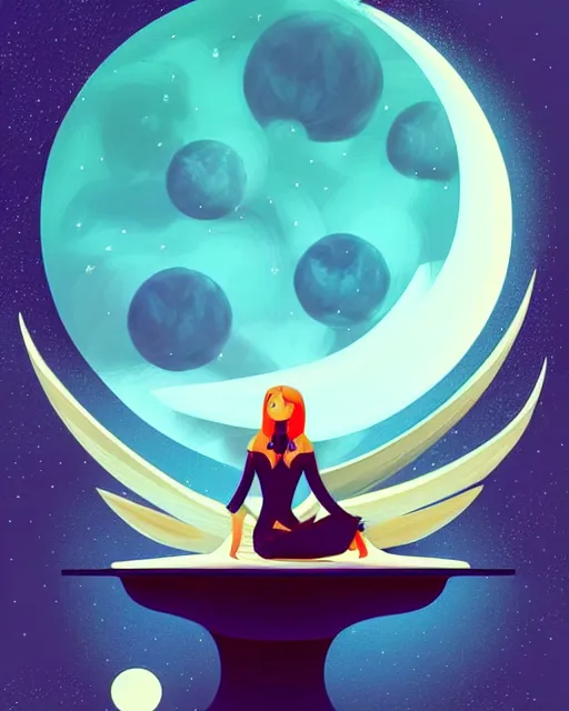 Prompt: beautiful painting of elven sitting on her flying bed and looking at the moon, petros afshar, illustration, highly detailed, simple, smooth and clean vector curves, no jagged lines, vector art, smooth, artstation