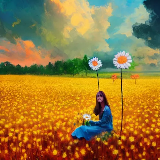 Prompt: giant daisy flower head, girl sitting in a flower field, surreal photography, sunrise, dramatic light, impressionist painting, colorful clouds, digital painting, artstation, simon stalenhag