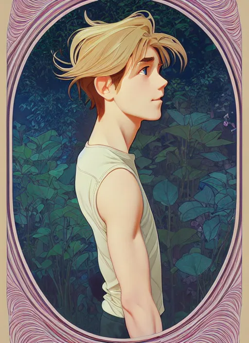 Image similar to pretty young man with shoulder length shiny shimmering golden blond hair, path traced, highly detailed, high quality, digital painting, by studio ghibli and alphonse mucha, leesha hannigan, makoto shinkai, disney