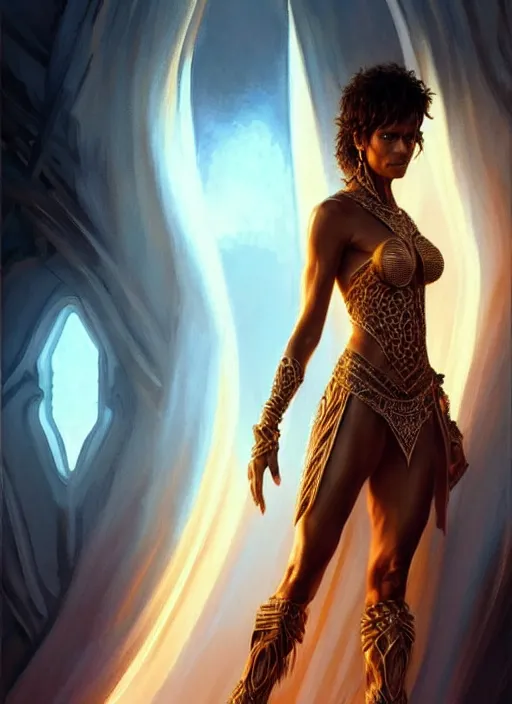 Image similar to halle berry in dejah thoris outfit, intricate, elegant, glowing lights, highly detailed, digital painting, artstation, glamor pose, concept art, smooth, sharp focus, illustration, art by artgerm and greg rutkowski, artey freytag