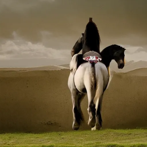 Prompt: horse, clydesdale horse, the penguin bird is riding on the horse's back