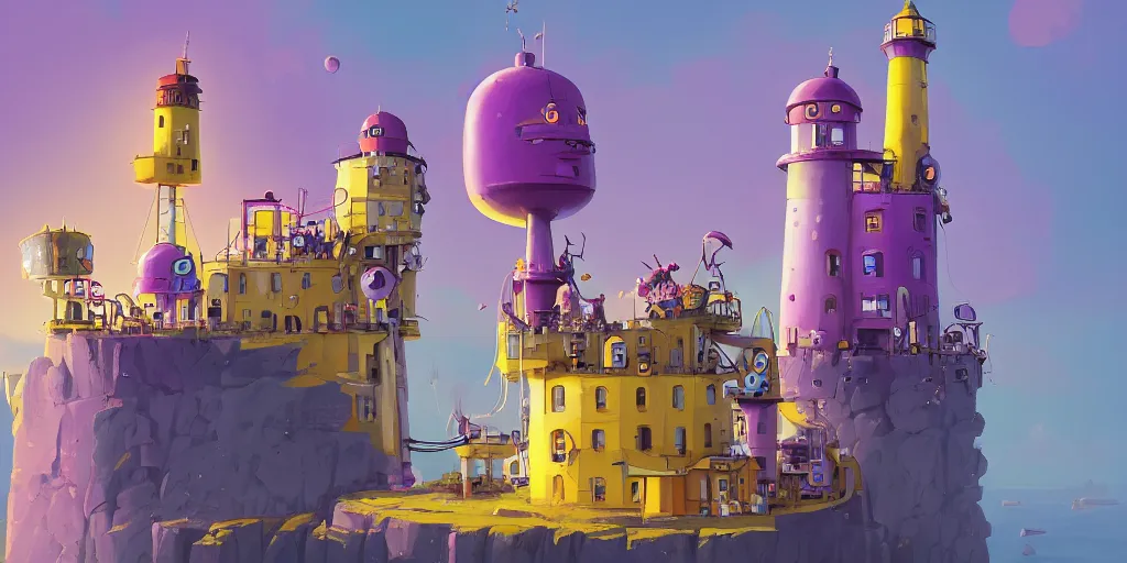 Image similar to cute purple and yellow cartoon monsters building a lighthouse by Goro Fujita and Simon Stalenhag , 8k, trending on artstation, hyper detailed, cinematic