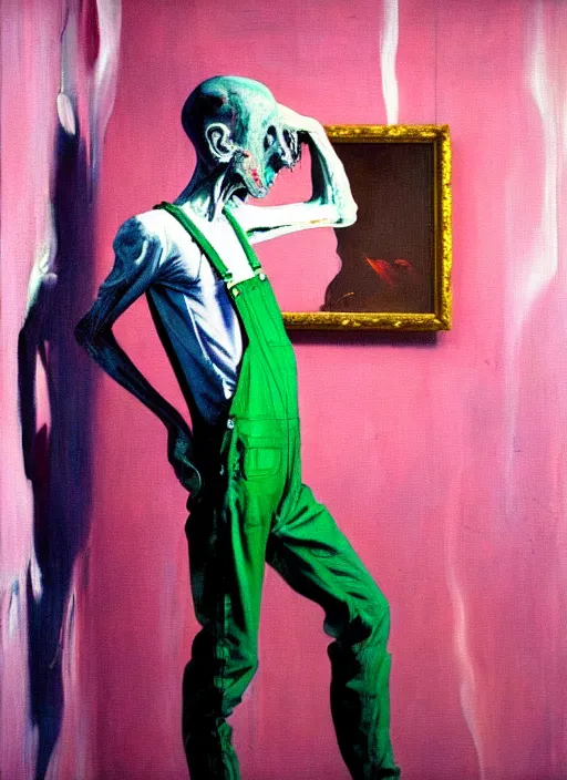 Image similar to an insane, skinny, artist wearing overalls, expressive, painting the walls inside a grand messy studio, hauntingly surreal, highly detailed painting by francis bacon, edward hopper, adrian ghenie, gerhard richter, and james jean, soft light 4 k in pink, green and blue colour palette, cinematic composition,