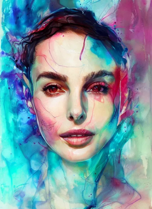 Prompt: sexy seducing smile nathalie portman in simsuit by agnes cecile, half body portrait, extremely luminous bright design, pastel colours, ink drips, autumn lights