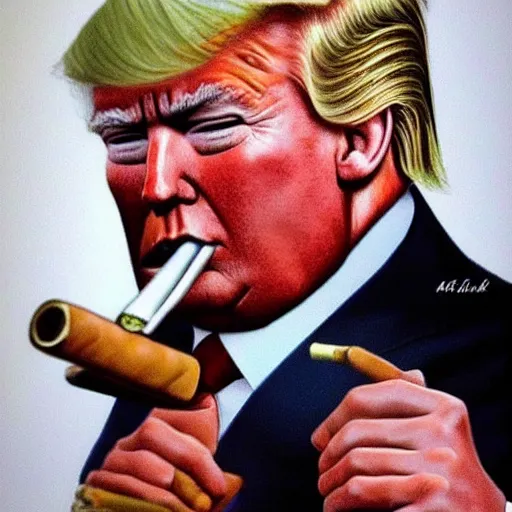 Image similar to a high quality photo of donald trump smoking a cigar, ultra realistic, artstation, cgsociety