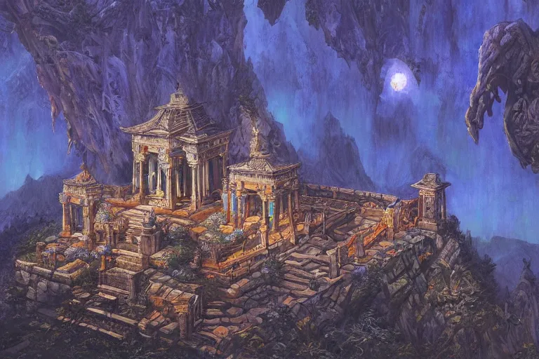 Image similar to ancient temple on a mountaintop at night | by Paul O. Zelinsky and Donato Giancola | ornate carvings| climbing vines| rich color | dramatic cinematic lighting | extremely crisp and detailed | featured on Artstation | cgsociety