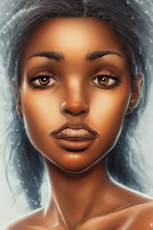 Image similar to A bust of a beautiful dark skinned Dominican Republic girl with large lips and smooth eyebrows and straight hair, HD, illustration, epic, fantasy, intricate, elegant, amazing detail, digital painting, artstation, concept art, smooth, sharp focus, illustration