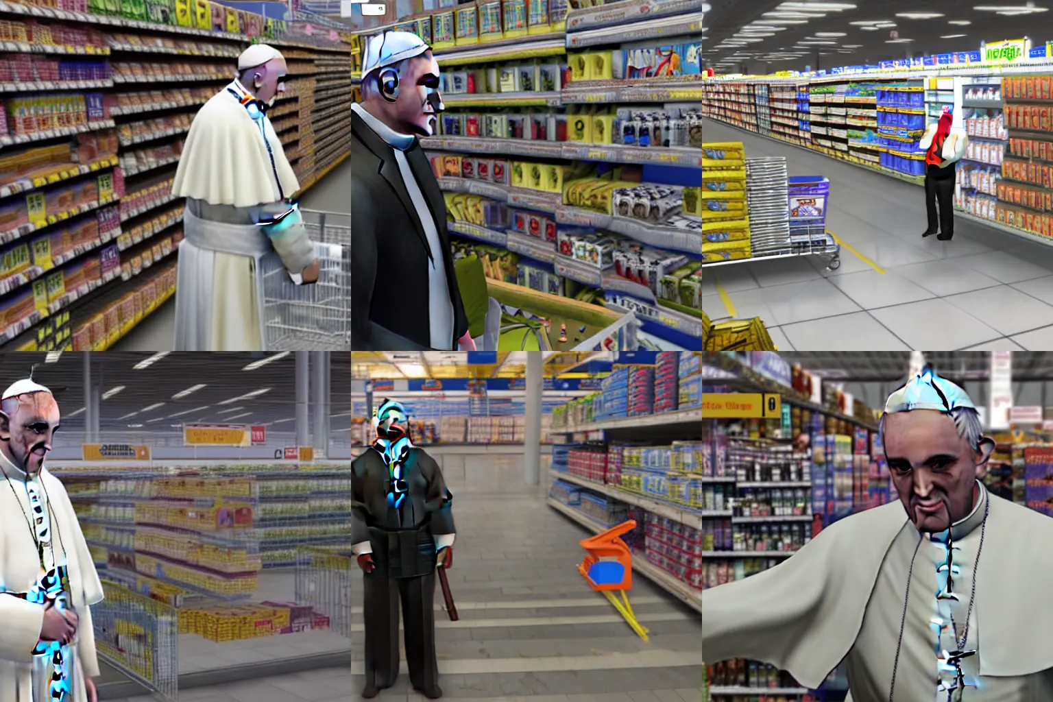 Prompt: the pope in a Walmart, GTA V gameplay screenshot, sharp, Unreal Engine 5, very detailed shading