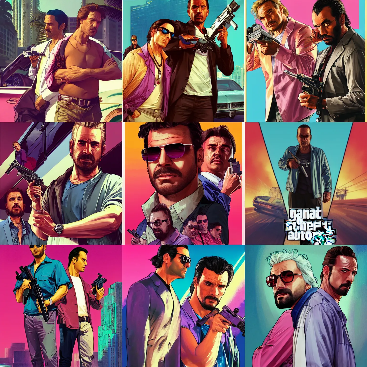 Prompt: GTA 6 Miami Vice Poster Cover, Robbing a bank with narco golden desert eagles Modern Warfare, D&D, scifi, portrait, highly detailed, digital painting, artstation, concept art, sharp focus, illustration, art by artgerm and greg rutkowski and magali villeneuve and alphonse mucha,Lucas Graciano, digital art, steve argyle, peter Mohrbacher, Davi Blight, orientalism and bouguereau and Zdzislaw Beksinski