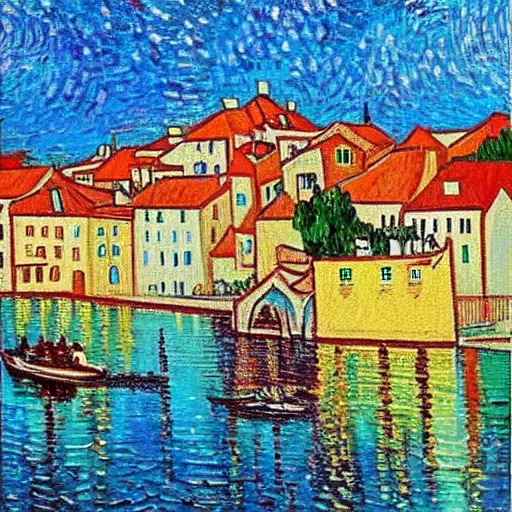 Prompt: Kaštel Lukšić in Croatia painted in the style of Van Gogh