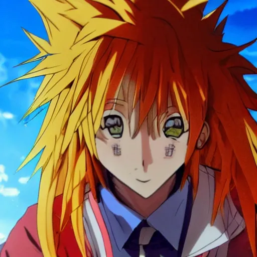 Image similar to orange - haired anime boy, 1 7 - year - old anime boy with wild spiky hair, wearing red jacket, running past colorful building, red - yellow - blue colored building, turquoise aquamarine windows, strong lighting, strong shadows, vivid hues, ultra - realistic, sharp details, subsurface scattering, intricate details, hd anime, 2 0 1 9 anime