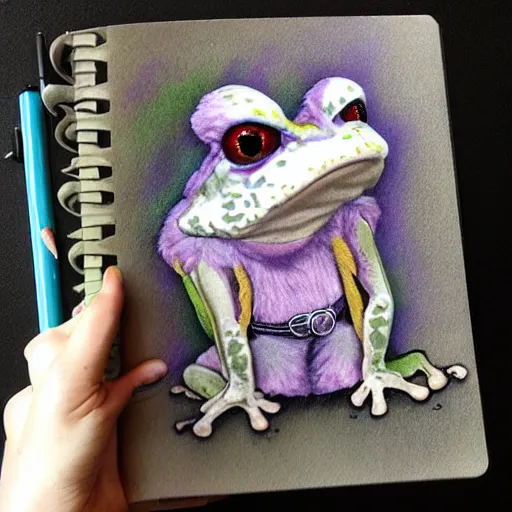 Image similar to frog cleric as an albino chibi muppet plush wearing a big dark wolf pelt headdress and carrying a tiny sketch book and pencil, photorealistic, photography, national geographic, sesame street