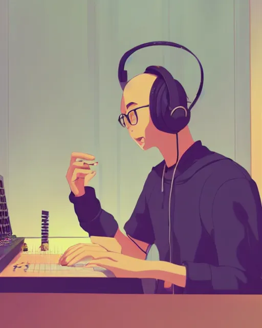 Image similar to man with headphones at his home studio producing music late at night, very detailed, 4 k, cory loftis, james gilleard, atey ghailan, makoto shinkai, goro fujita, studio ghibli, rim light, exquisite lighting, clear focus, very coherent