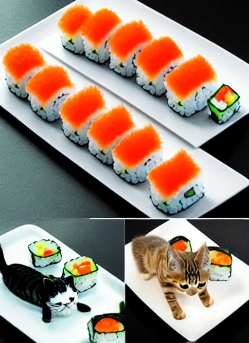 Image similar to clear photorealistic picture of adorable cats made out of sushi