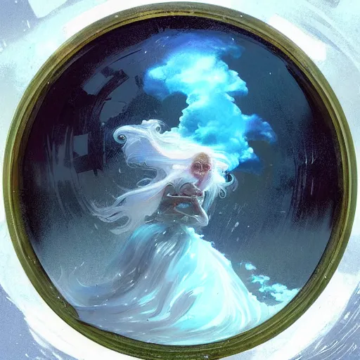 Prompt: a rainstorm inside a snowglobe. Beautiful colorful clouds in moody greys and blues. High quality digital art, trending on artstation by Artgerm and Greg Rutkowski and Alphonse Mucha