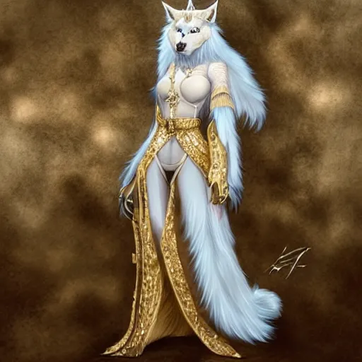 Image similar to commissioned full body portrait of a female anthro furry wolf-headed princess fursona with white hair wearing a white and gold chinese armored dress in a white and gold palace, by Wlop and jerry park, artstation, extremely detailed