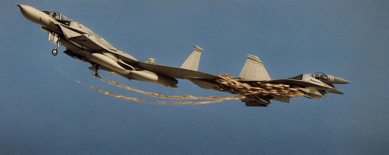 Prompt: a fighter jet made out of spaghetti, flying over the ocean, canon 5 0 mm, cinematic lighting, photography, retro, film, kodachrome