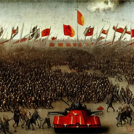 Image similar to tiananmen square tank man painted by hieronymus bosch, high quality, high resolution