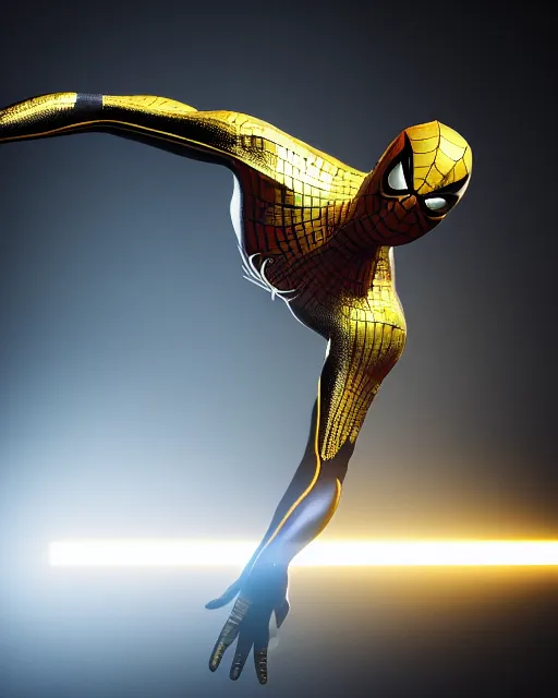 Image similar to photograph of a black and gold suit spider - man, dslr, cinematic, volumetric lighting, 8 k resolution, photorealistic, octane render, 3 d render