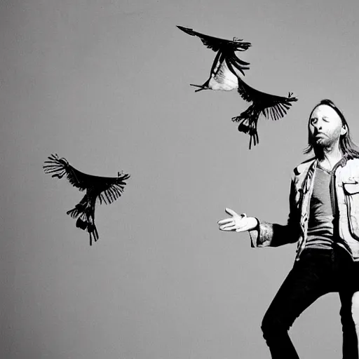Prompt: Thom Yorke on a giant bird, a photo by John E. Berninger, trending on pinterest, private press, associated press photo, angelic photograph, masterpiece