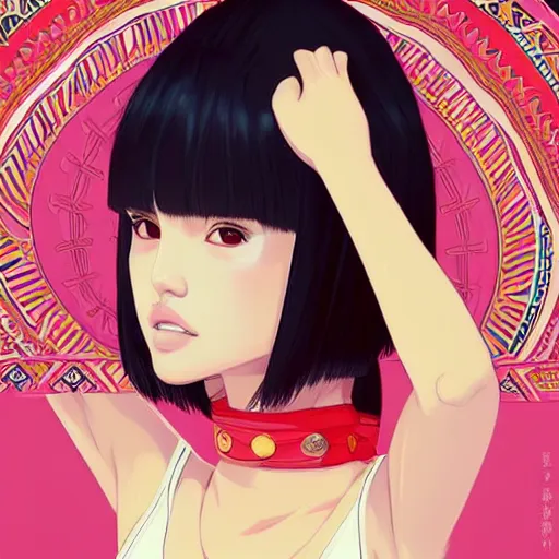 Image similar to a beautiful young japanese natalie portman alluring gravure model, stylized concept art, wearing elegant designer bomber jacket and one piece bikini, bomber jacket with mesoamerican patterns, mesoamerican native street fashion, princess mononoke, painted by ilya kuvshinov aesthetic, gorgeous, stunning, alluring, attractive, artstation, pinterest, digital art