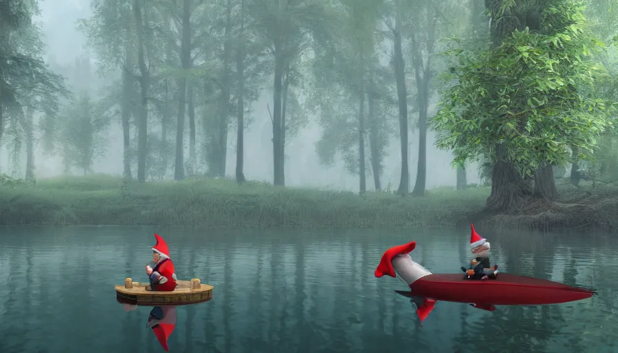 Prompt: Gnome with a red cap fishing in a lake surrounded by huge trees in the morning, hyperdetailed, artstation, cgsociety, 8k