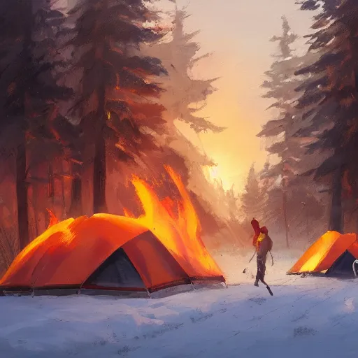 Image similar to a camp with tents on fire, burning down, shadows of 3 girls watching the camp burn, snow, dusk, painted by Sylvain Sarrailh, trending on Artstation