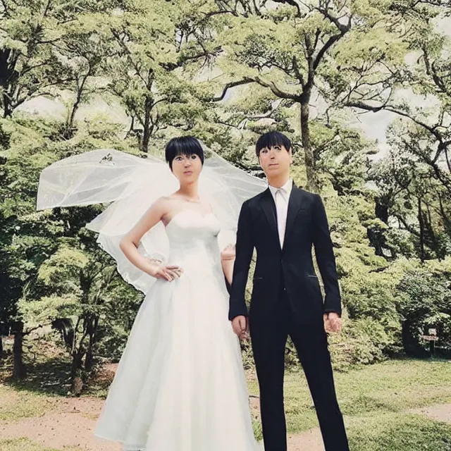 Image similar to saitama one punch man instagram couple's wedding photo shoot, closeup photo