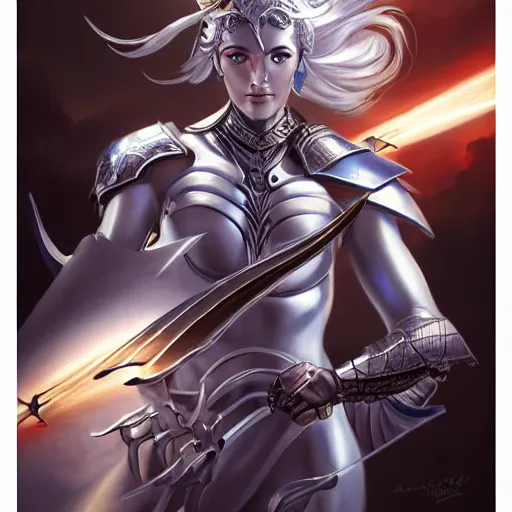 Prompt: celestial knight, broadsword, detailed, by artgerm and greg rutkowsi