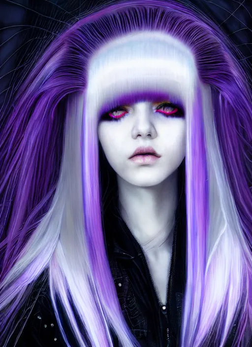 Image similar to hair whitebangs hair, black cyberlox, portrait of teenage girl with white bangs, whitebangsblackhair, messy bangs, cyberlox, whitebangs, red irises, purple clothes, intricate, elegant, glowing lights, highly detailed, digital painting, artstation, concept art, sharp focus, illustration, art by wlop, mars ravelo and greg rutkowski