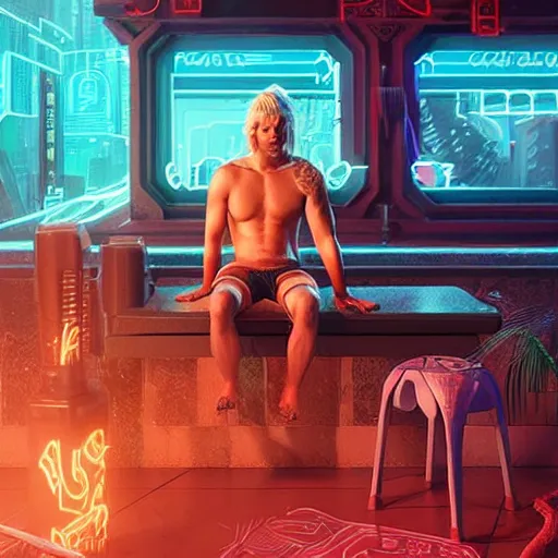 Prompt: shirtless blonde barbarian man sitting at a sci-fi neon city bar intricate artwork by Tooth Wu and wlop and beeple and Dan Mumford. Octane render, trending on artstation, greg rutkowski very coherent symmetrical artwork. Cinematic, hyper realism, high detail 8k