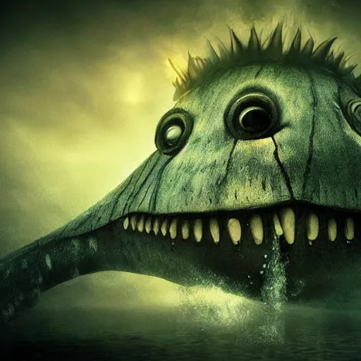 Image similar to sea monster about to eat pov underwater, pale skin, dark yellowish water, foggy water, dark, dramatic,'silent hill ', big eyes, alluring and terrifying, cinematic