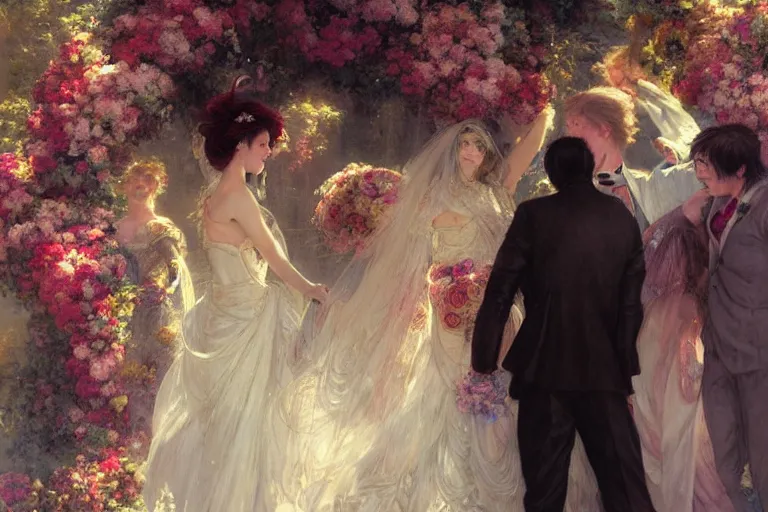 Image similar to the groom look at the bride at a wedding full of flowers, bright and happy, dreamlike art, highly detail, 4 k realistic, wedding photoy krenz cushart, artem demura, yoji shinkawa artgerm, jon lothian, danilo torres. adi meyers. thomas reimann. gaston bussiere.