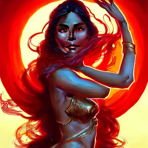 Image similar to lovi poe as darna, volumetric lights, red and cyan theme, art nouveau botanicals, intricate, highly detailed, digital painting, artstation, concept art, smooth, sharp focus, cinematic, illustration, beautiful face, art by artgerm and greg rutkowski and alphonse mucha