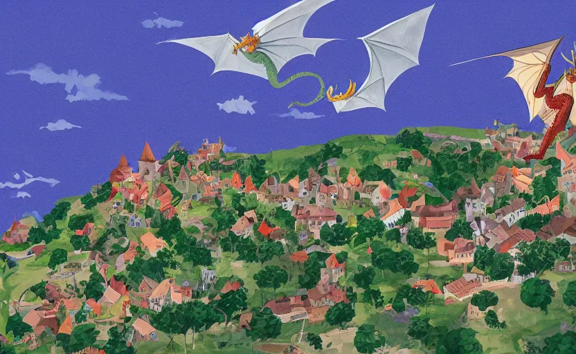 Image similar to dragon flying over a village, storybook, gouache, flat, concept art, lush, sharp focus