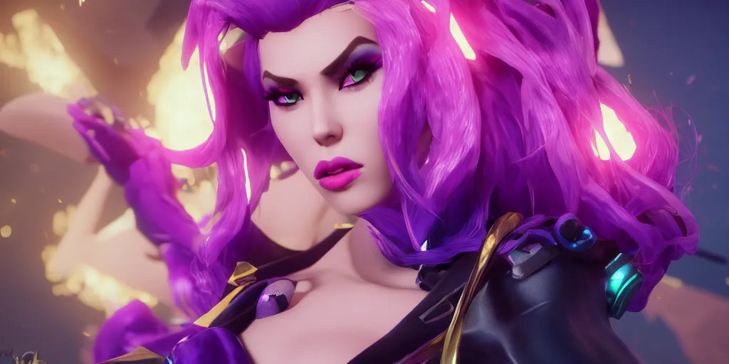 Image similar to still of pretty KDA More Miss Fortune (wild rift) close up in KDA More music video. 3d render, octane render, game art, realistic, highly detailed, trending on artstation, 4k, trending on artstation, pixar, cgsociety, unreal engine 5, redshift render, trending on artstation, blender, behance, cg