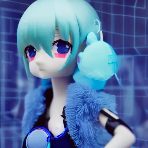 Prompt: cute fumo plush of a girl with prosthetic mechanical arms, blue velvet dress, bokeh, cyberpunk anime girl, vray