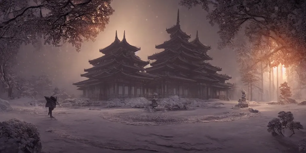 Prompt: hyperrealistic concept art of a silhouette of a hero facing massive ornately carved Buddhist temple door in lit winter taiga at night, stunning 3d render inspired art by Renato muccillo and Andreas Rocha and Johanna Rupprecht + symmetry + natural volumetric lighting, 8k octane beautifully detailed render, post-processing, highly detailed, intricate complexity, epic composition, magical atmosphere, cinematic lighting + masterpiece, trending on artstation