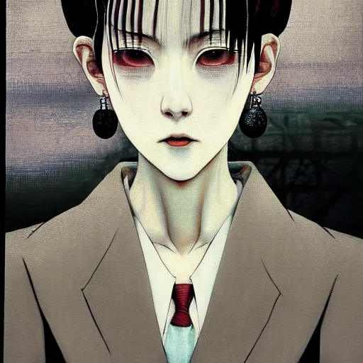 Prompt: yoshitaka amano blurred and dreamy realistic three quarter view horror portrait of a sinister young woman with short hair, big earrings and white eyes wearing office suit with tie, black and white junji ito abstract patterns in the background, satoshi kon anime, noisy film grain effect, highly detailed, renaissance oil painting, weird portrait angle, blurred lost edges