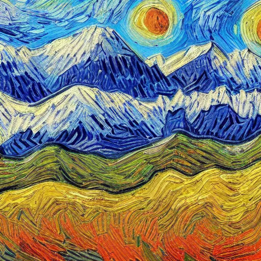 Image similar to Mountain Range in the style of Van Gogh and Chris van Dijk, 4k extreme detail, masterpiece of impressionism