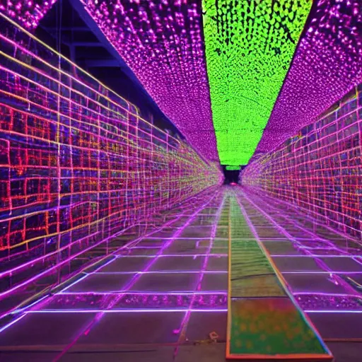 Image similar to neon meadow, art installation with infinity mirrors,