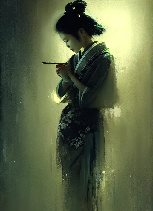 Image similar to female geisha girl, night vision, beautiful face, rule of thirds, intricate outfit, spotlight, by greg rutkowski, by jeremy mann, digital painting